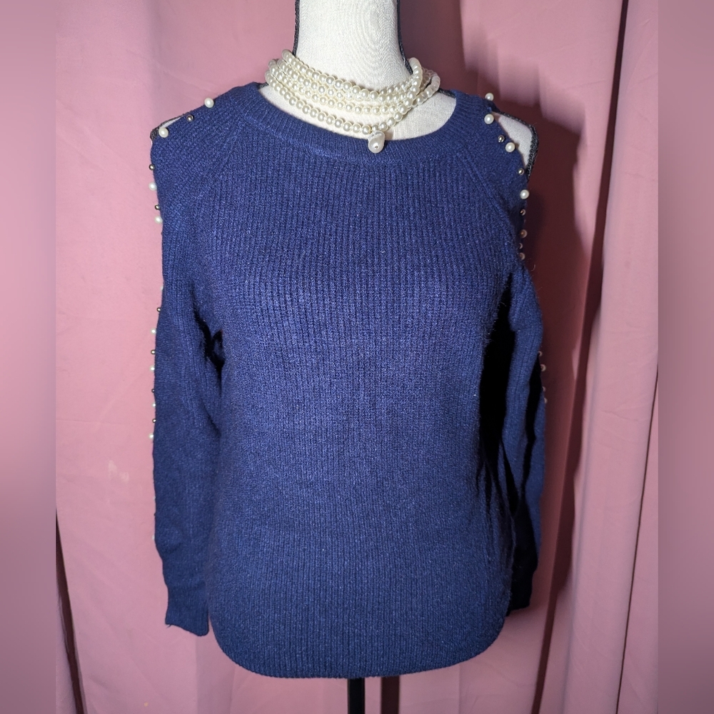 ROMANTIC HUT Pearl & Studded Cold Shoulder Long Sleeve Sweater S